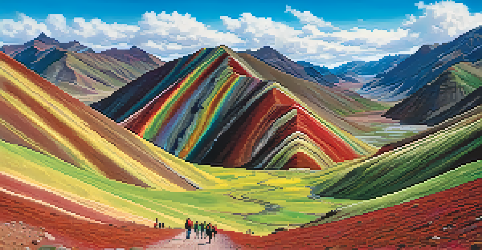 A vivid depiction of Rainbow Mountain with its colorful stripes, showcasing hikers amidst the stunning mountainous landscape.