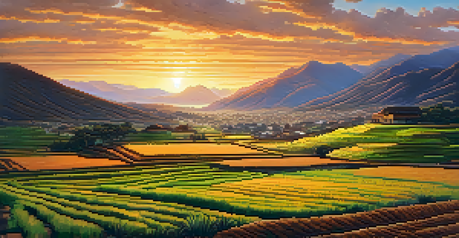 A picturesque Andean landscape at sunset with terraced farming fields and mountains in the background, bathed in warm golden light.