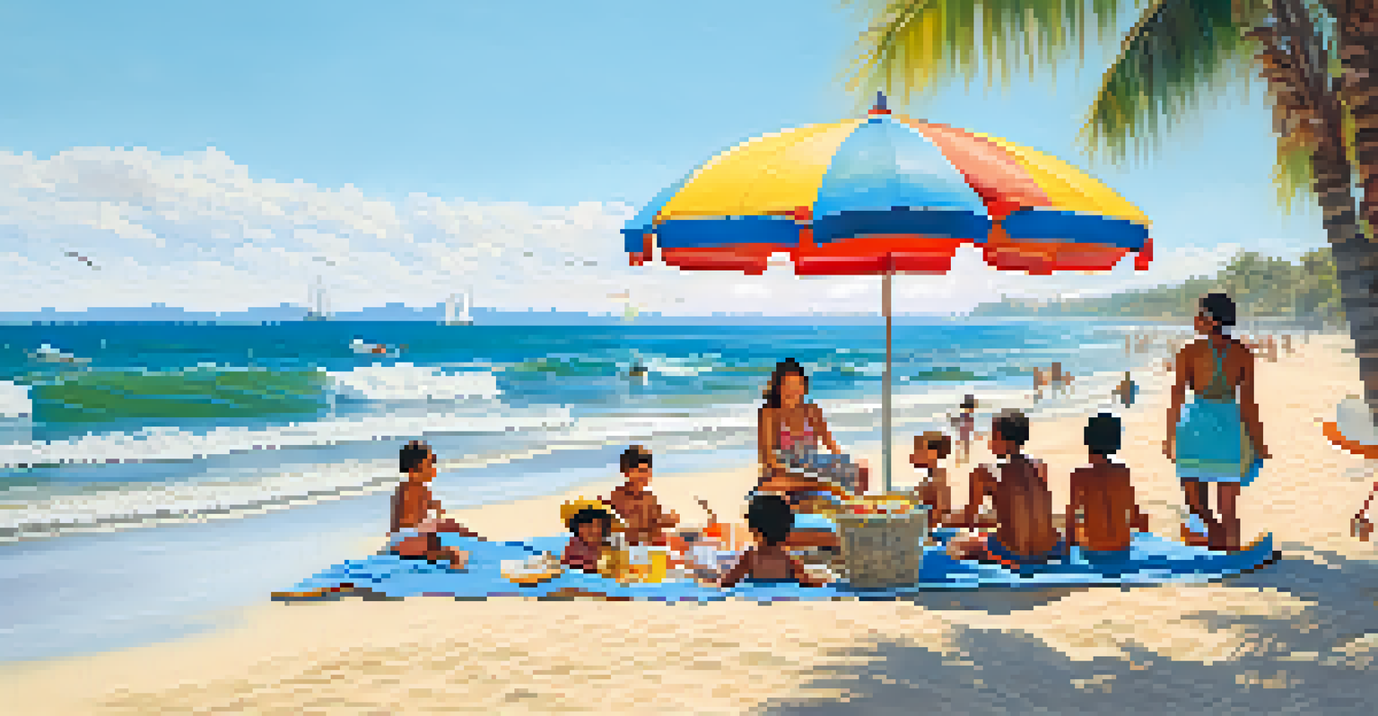 A family having fun on banana boat rides at Máncora beach, with parents relaxing on the sand and colorful beach umbrellas around.