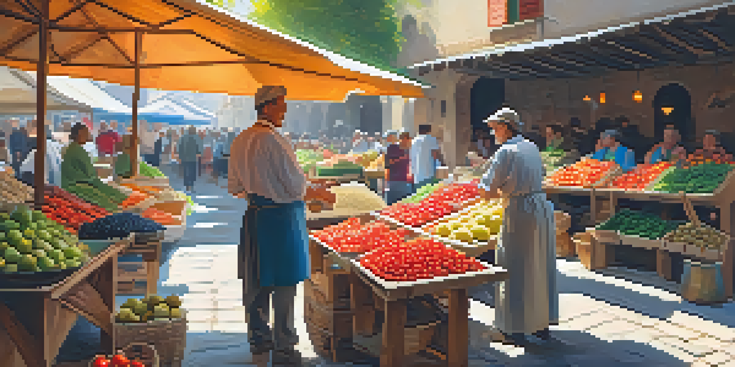 A bustling Italian market with colorful fresh produce, artisan bread, and local cheeses under sunlight, featuring a vendor interacting with a customer.