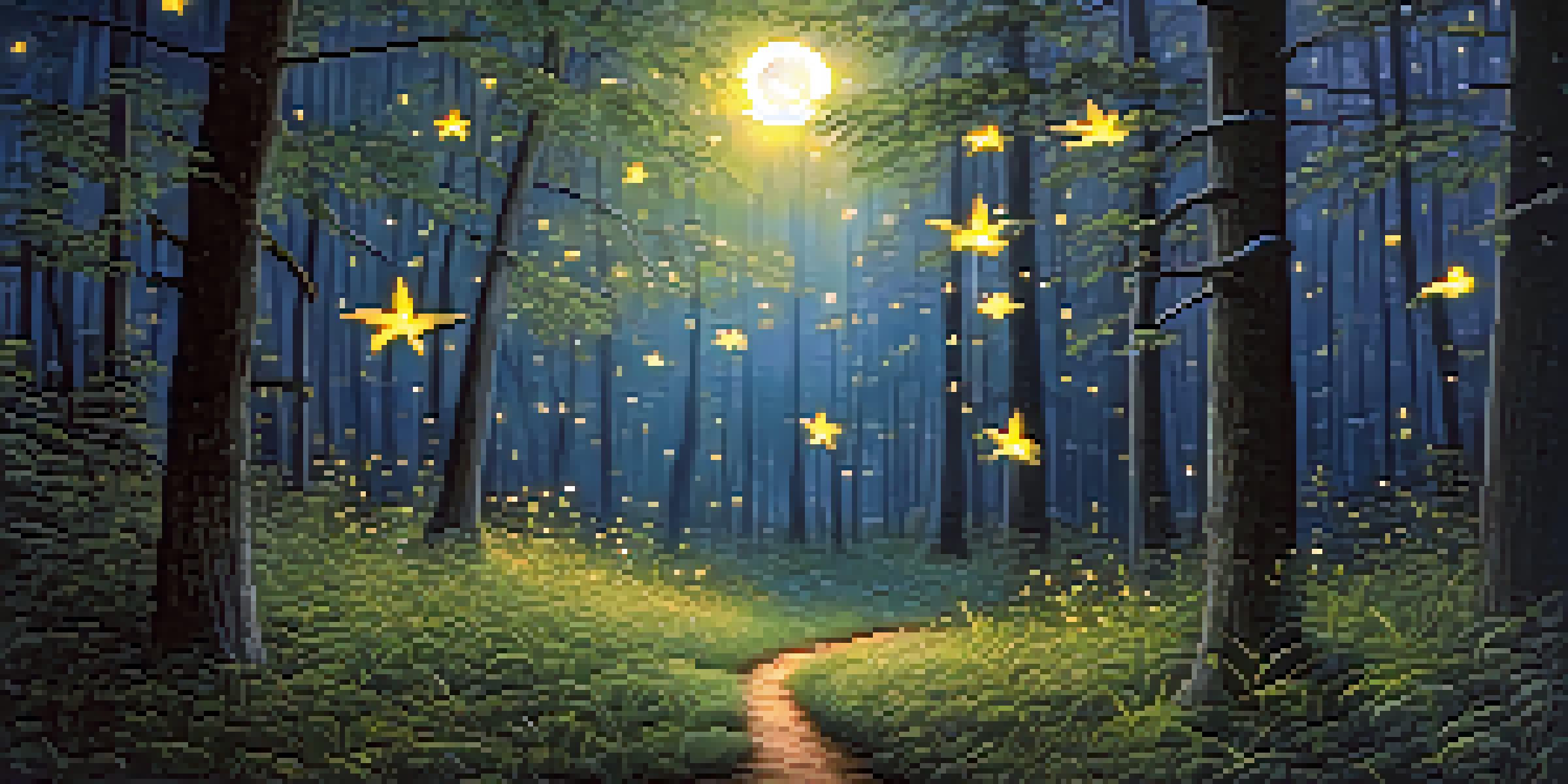 A peaceful nighttime forest with moonlight shining through trees and fireflies illuminating the scene.