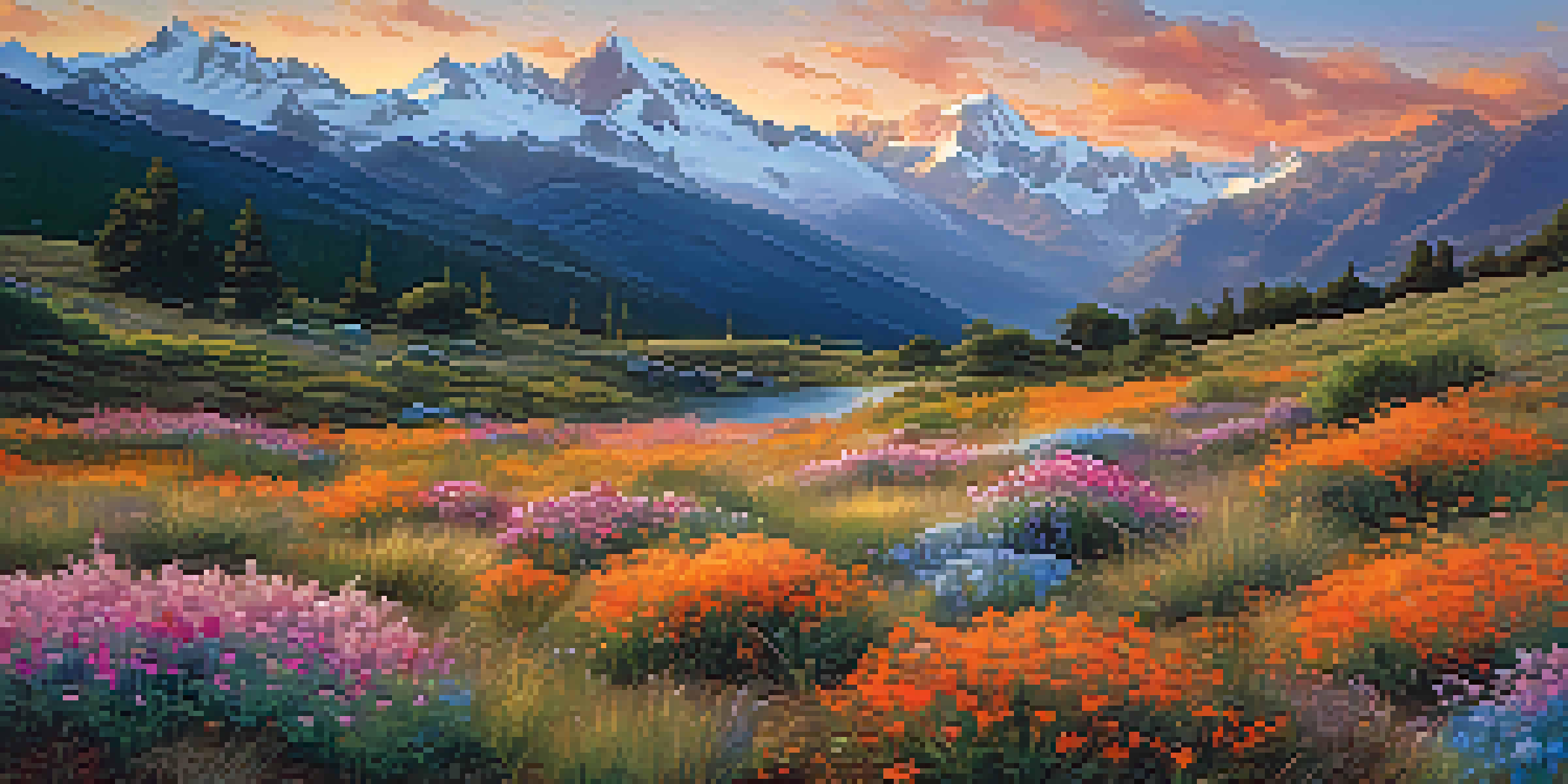 A scenic sunrise view of the Andes mountains with snow-capped peaks and a colorful wildflower meadow in the foreground.