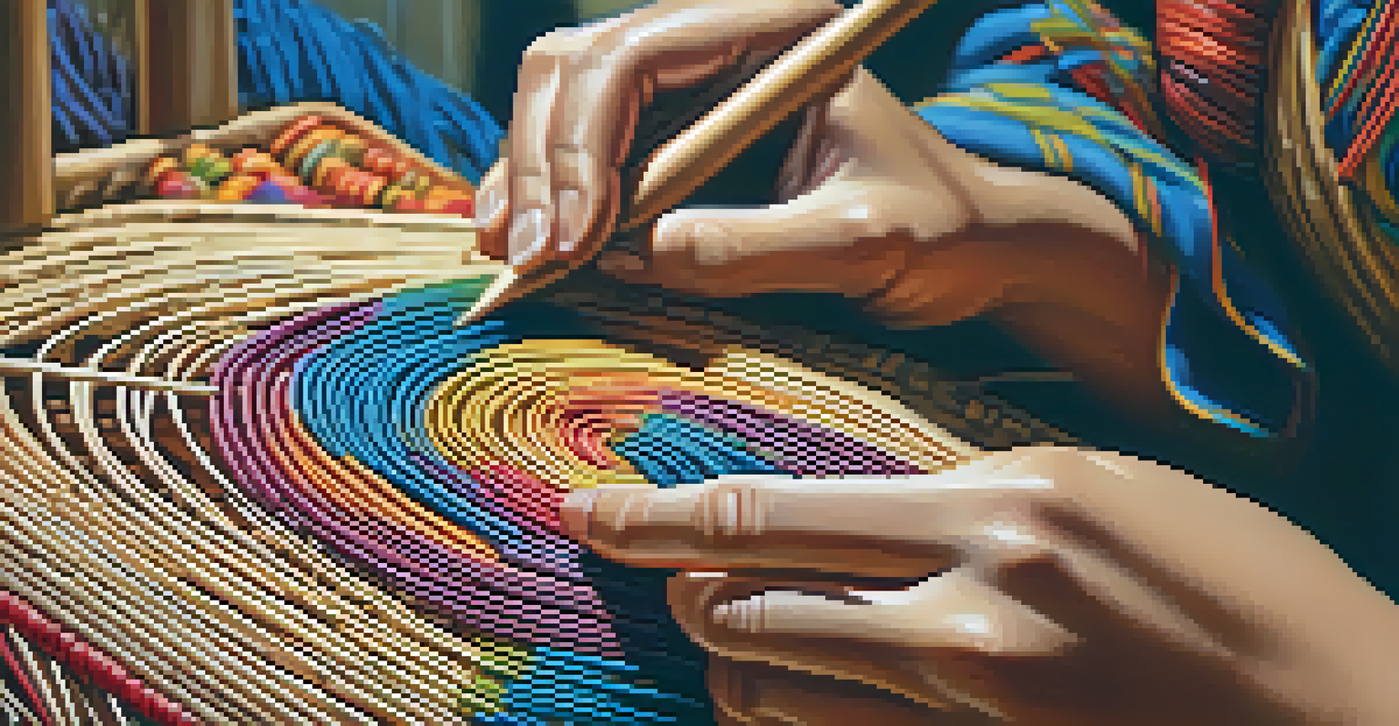 Close-up of hands weaving a colorful basket, with blurred nature in the background and warm sunlight.