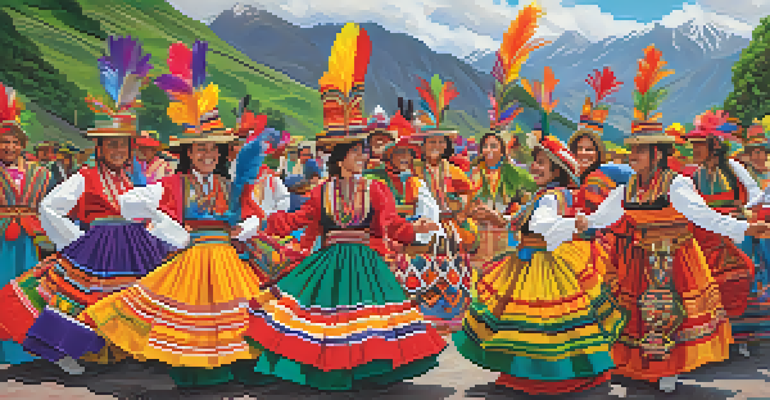 Participants in traditional Peruvian garments celebrating at a vibrant festival in a mountainous landscape.