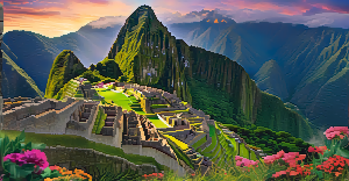A panoramic view of Machu Picchu during sunrise, with mist and vibrant wildflowers in the foreground.