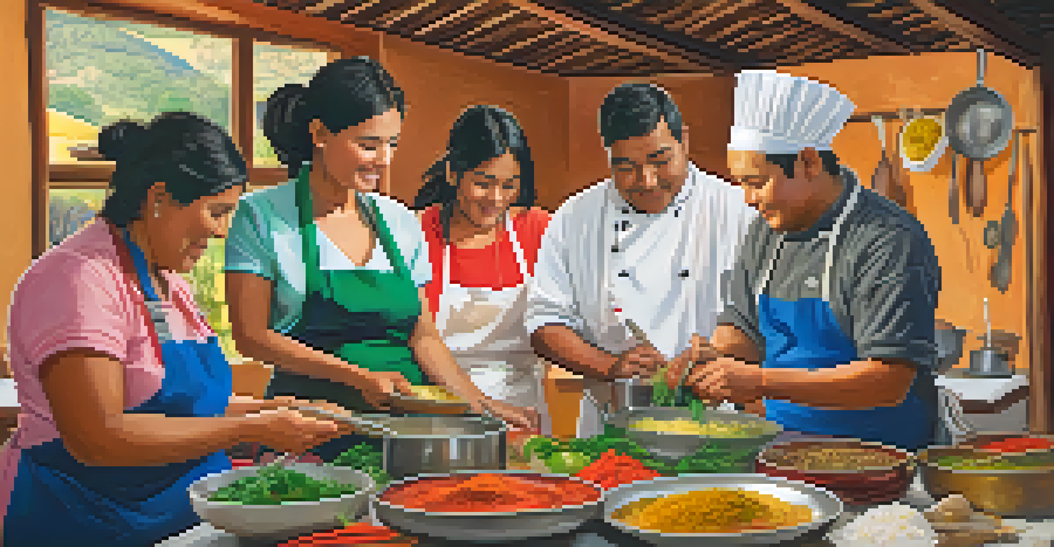 A cooking class in Peru where participants learn to make traditional dishes with a local chef surrounded by fresh ingredients.