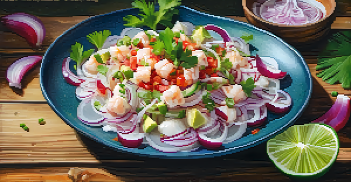 A vibrant plate of ceviche featuring fresh fish, red onions, cilantro, and avocado on a rustic wooden table surrounded by tropical greenery.