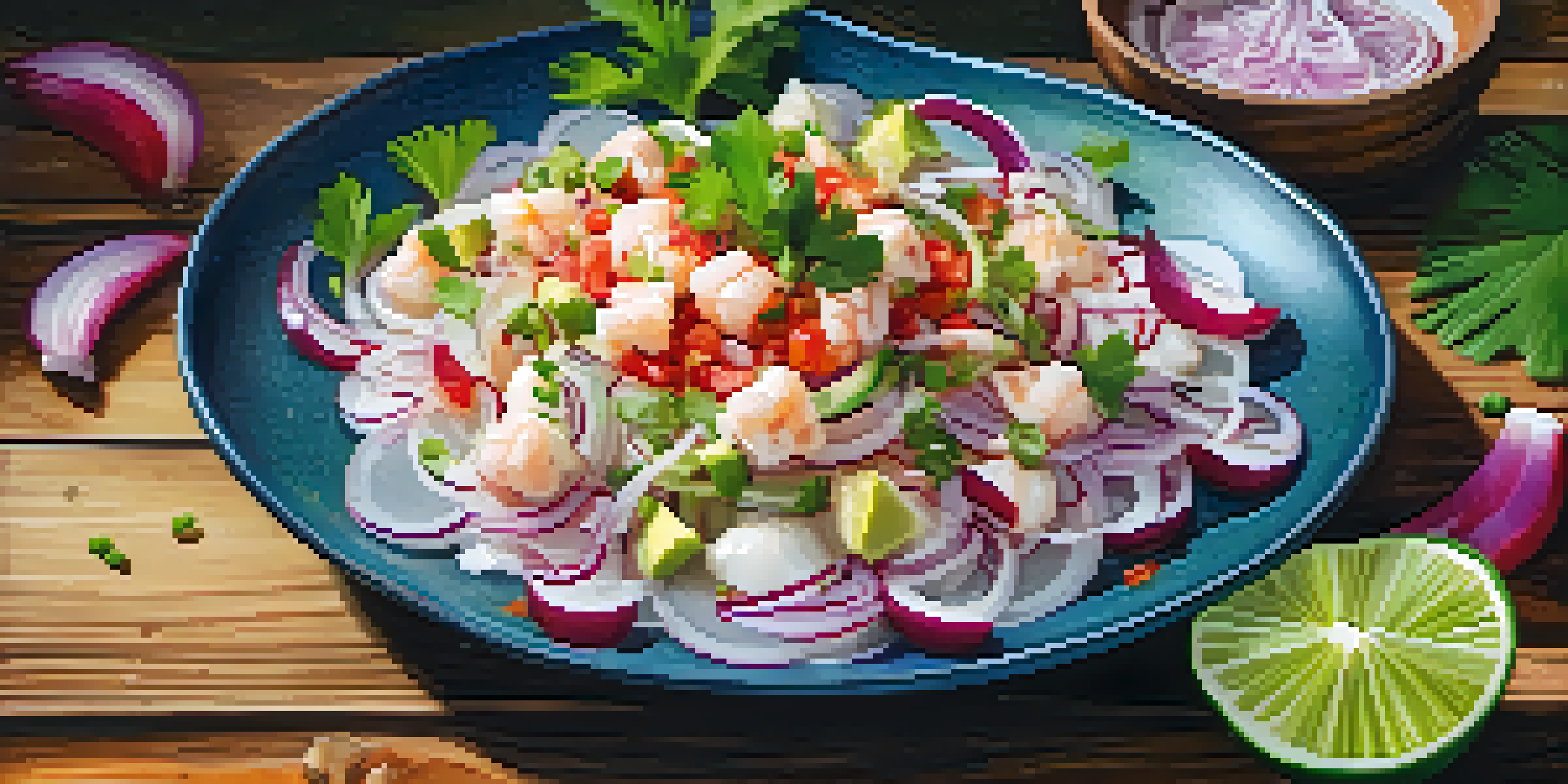 A vibrant plate of ceviche featuring fresh fish, red onions, cilantro, and avocado on a rustic wooden table surrounded by tropical greenery.