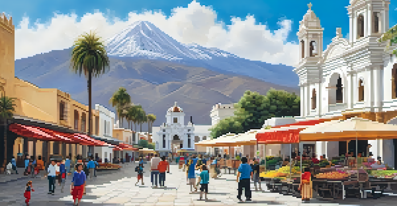 Families enjoying the historic Plaza de Armas in Arequipa, surrounded by colonial buildings and colorful flowers.