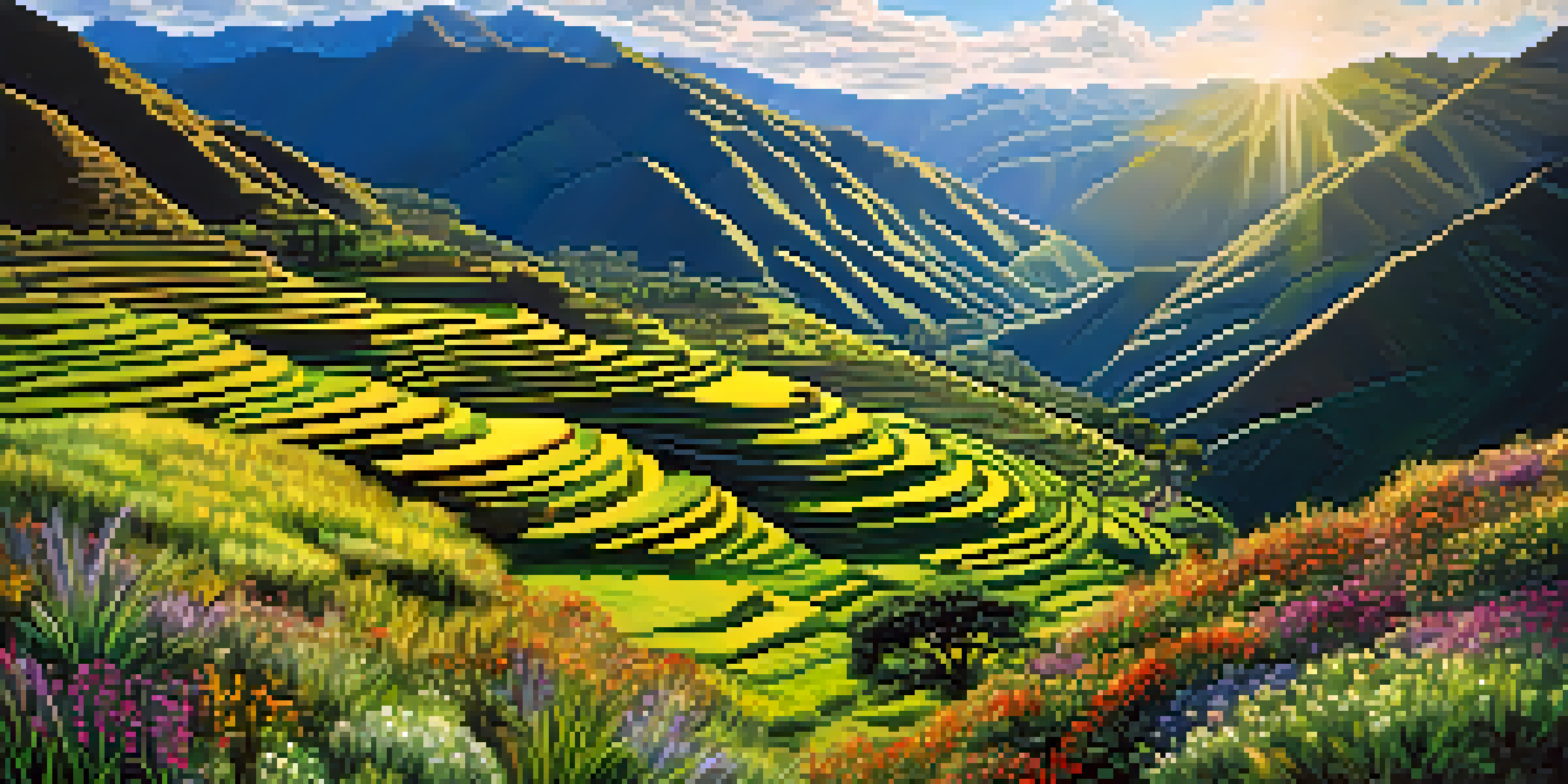 A scenic view of the Sacred Valley with green hills, Incan terraces, and colorful wildflowers under a blue sky.