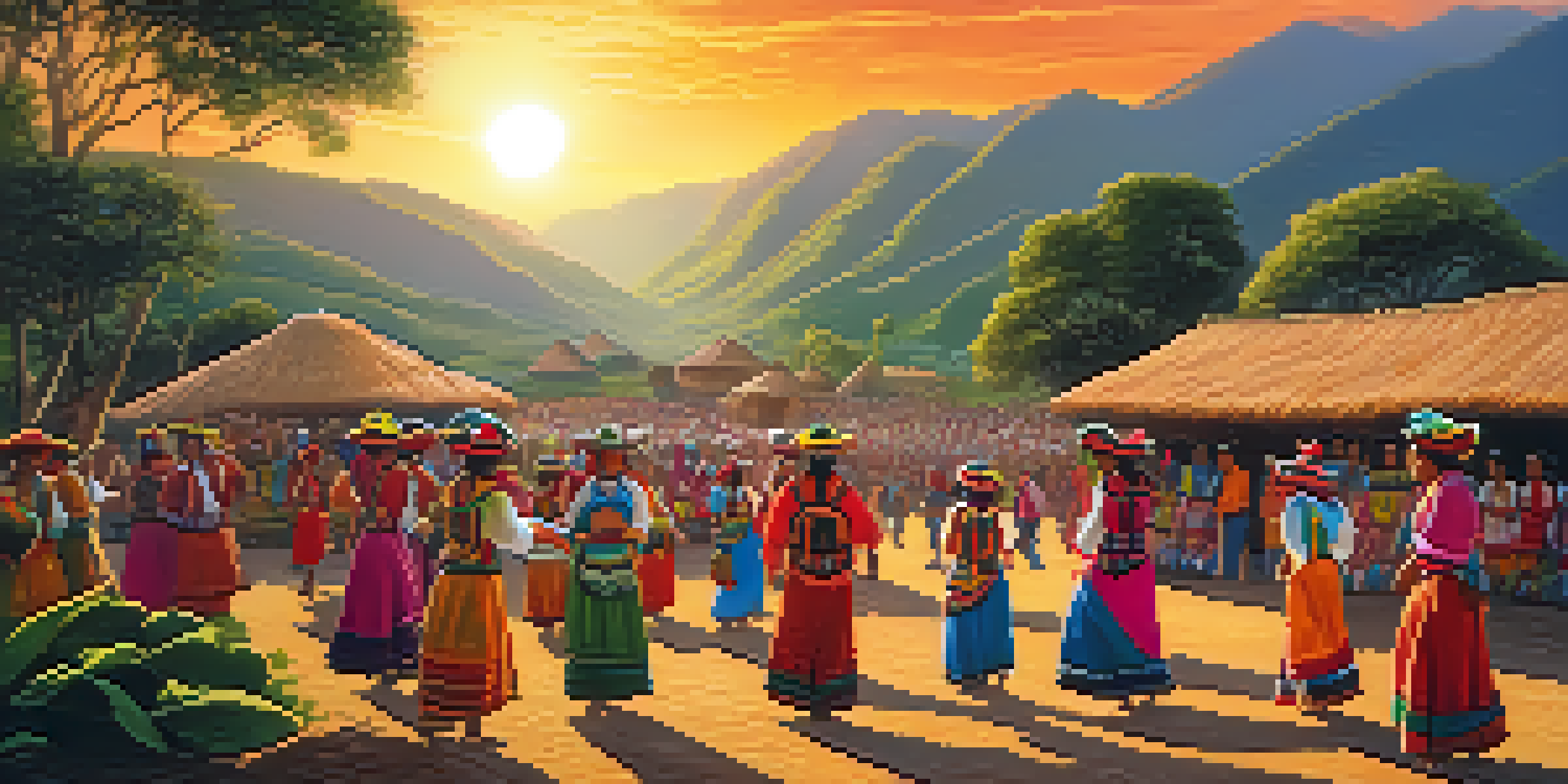 A lively cultural festival in a Peruvian indigenous community, with people in colorful traditional clothing dancing and singing, set against a backdrop of green landscapes and ancient structures during sunset.