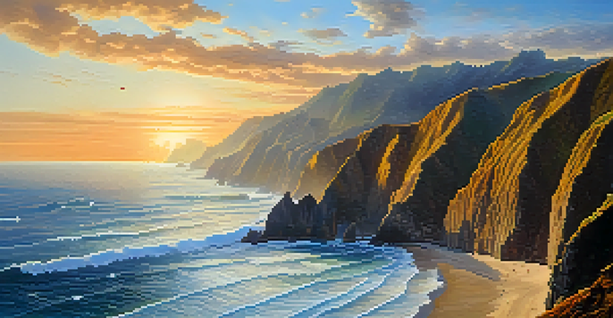 A scenic view of steep cliffs along the Peruvian coastline with the ocean below, featuring warm sunset lighting and seagulls in flight.