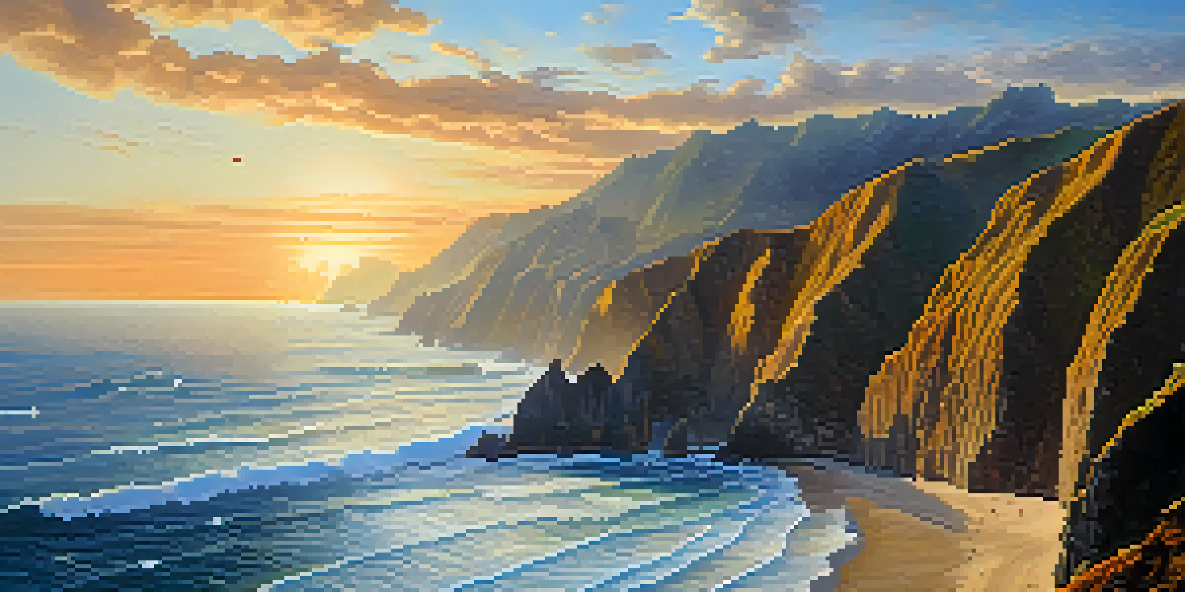 A scenic view of steep cliffs along the Peruvian coastline with the ocean below, featuring warm sunset lighting and seagulls in flight.