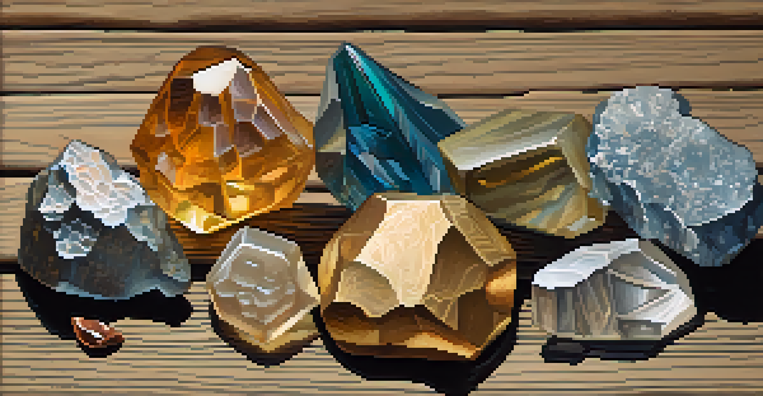 A close-up of copper, gold, and silver minerals on a rustic wooden table with mining tools faintly in the background.