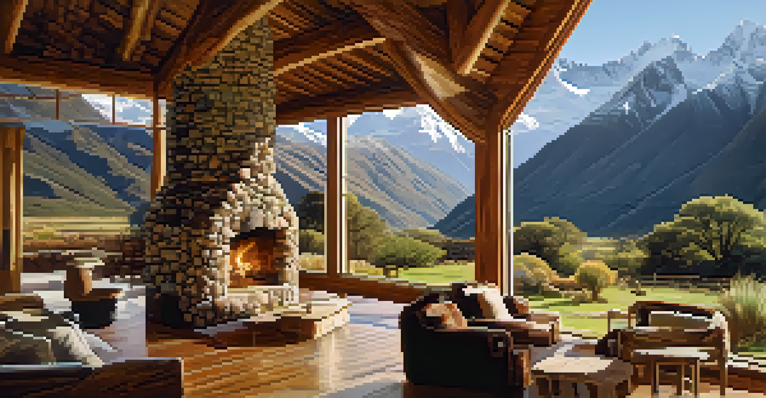 An eco-lodge in the Andean mountains surrounded by stunning scenery and local wildlife, illuminated by golden sunlight.