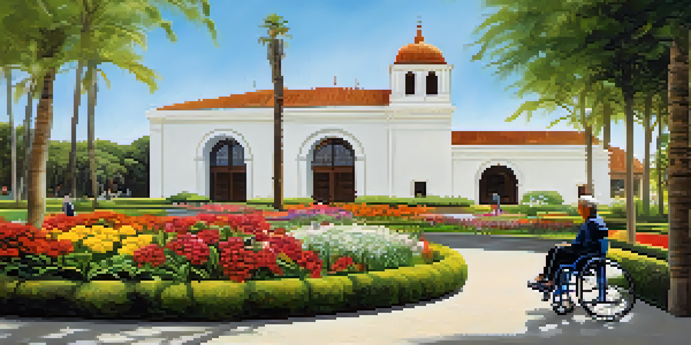 A view of the Larco Museum with a wheelchair-accessible entrance, surrounded by colorful gardens and visitors.
