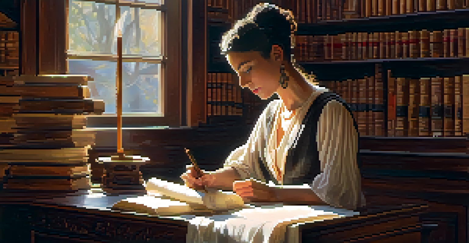 A portrait of Clorinda Matto de Turner in a vintage study, writing at a desk surrounded by books, with warm light and elements of indigenous culture.