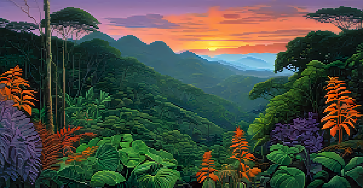 A tranquil Peruvian rainforest landscape at dusk, showcasing silhouettes of trees and medicinal plants like the 'ayahuasca' vine.