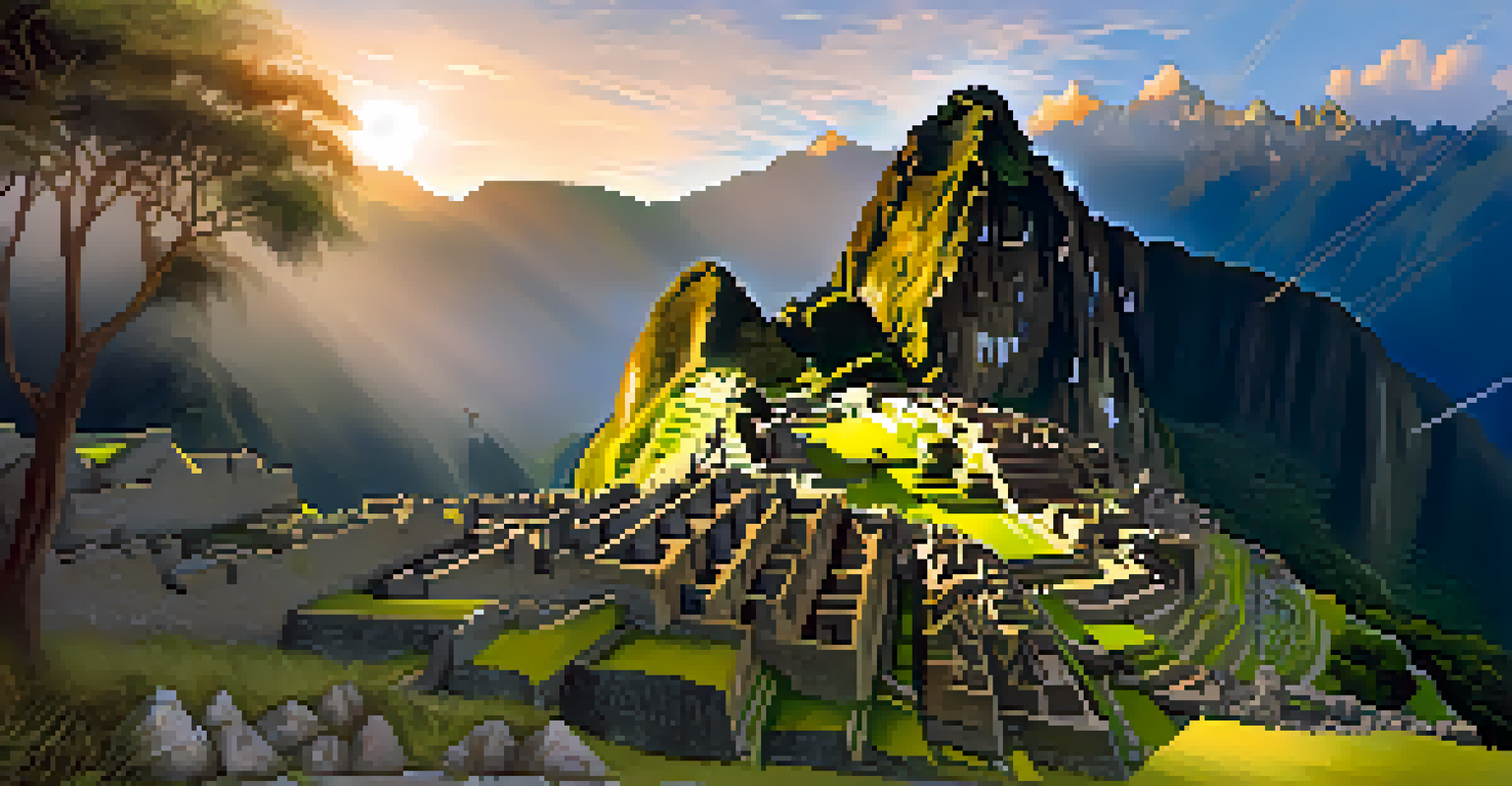 Machu Picchu ruins illuminated by morning light, surrounded by misty mountains and lush greenery.