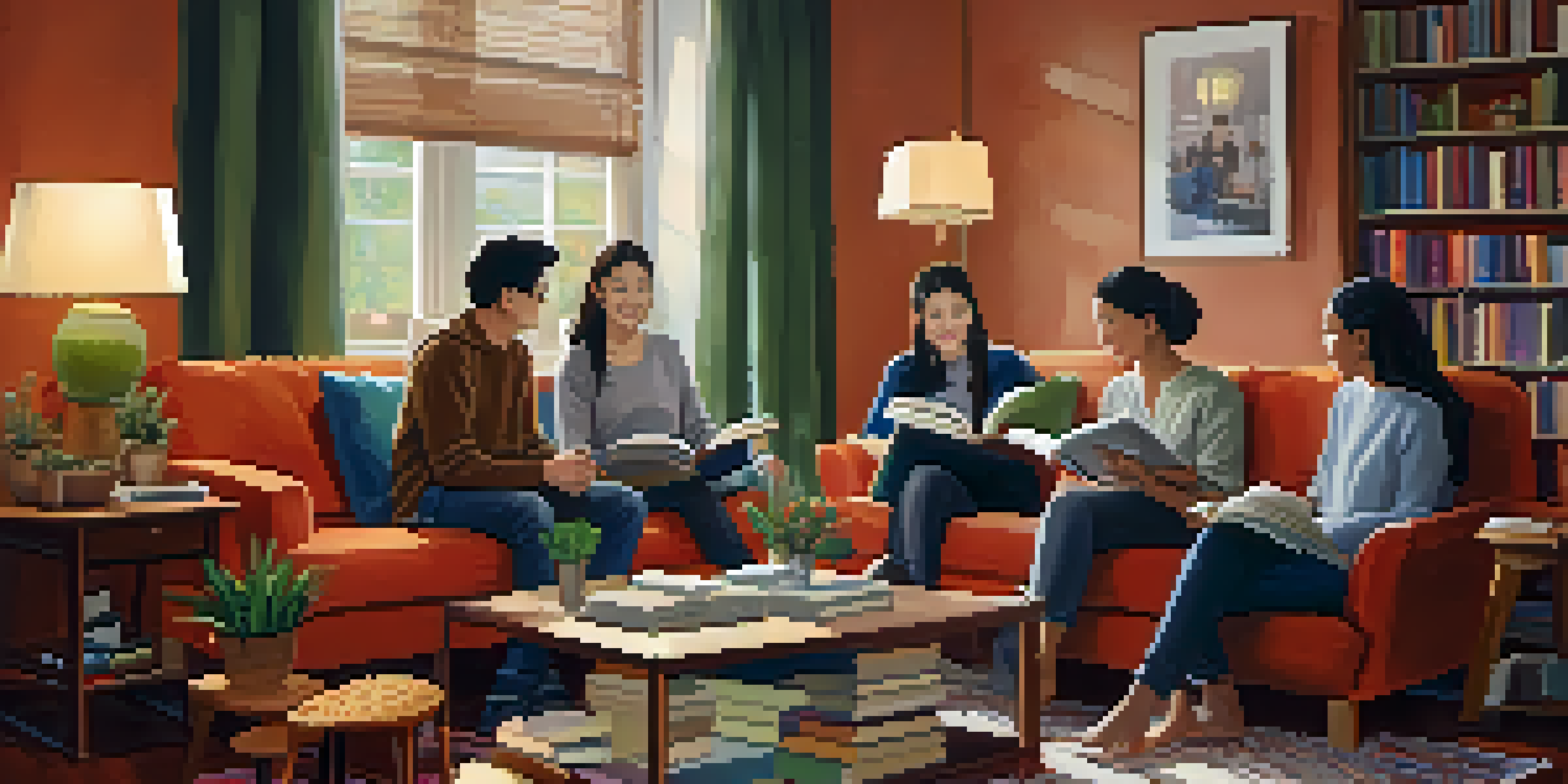 A cozy living room with a diverse group practicing languages together.