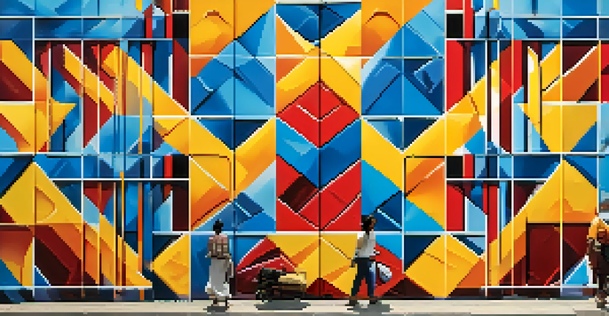 A colorful geometric street art mural in Lima, Peru, with people observing the artwork under bright sunlight.
