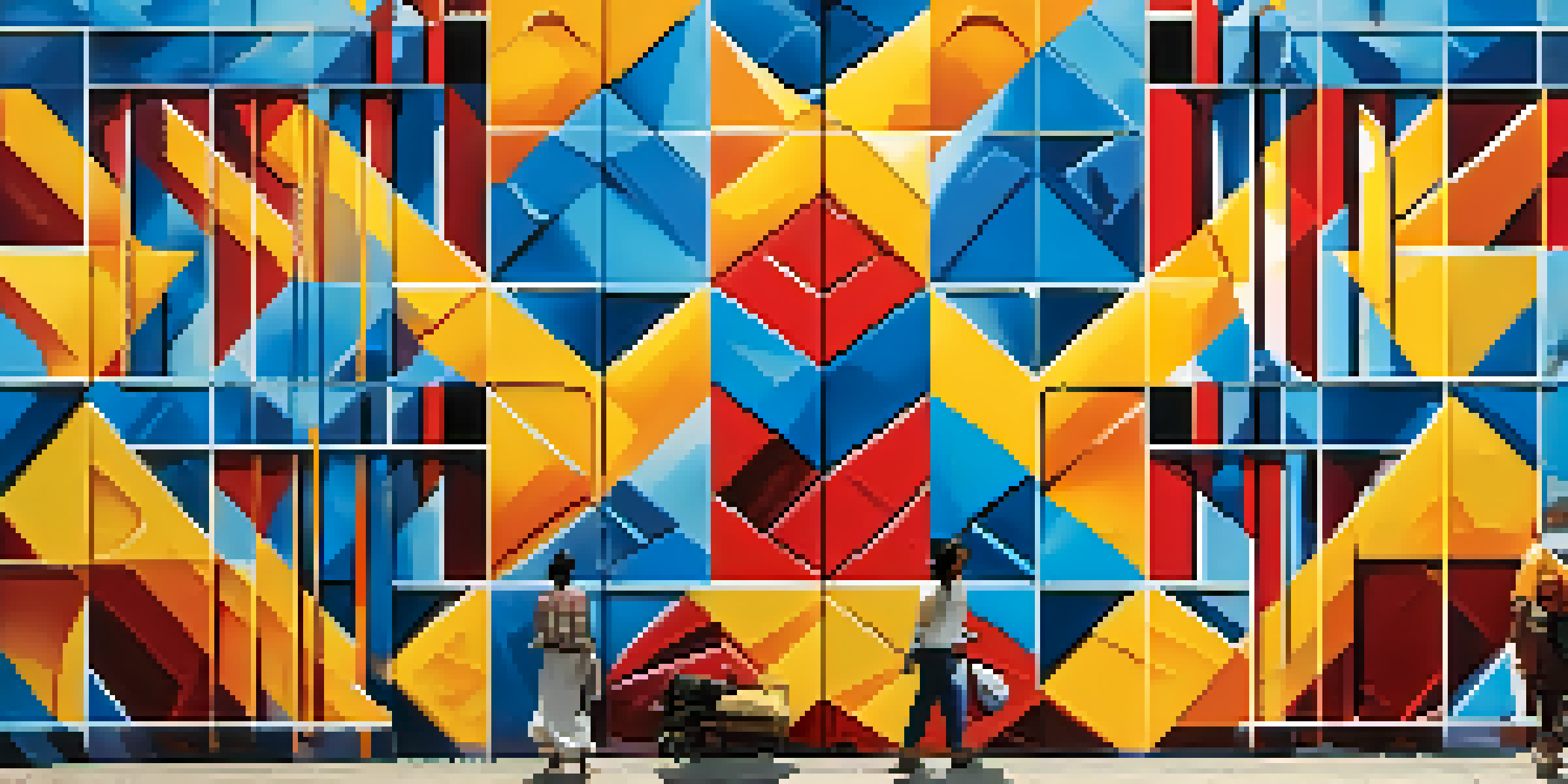 A colorful geometric street art mural in Lima, Peru, with people observing the artwork under bright sunlight.