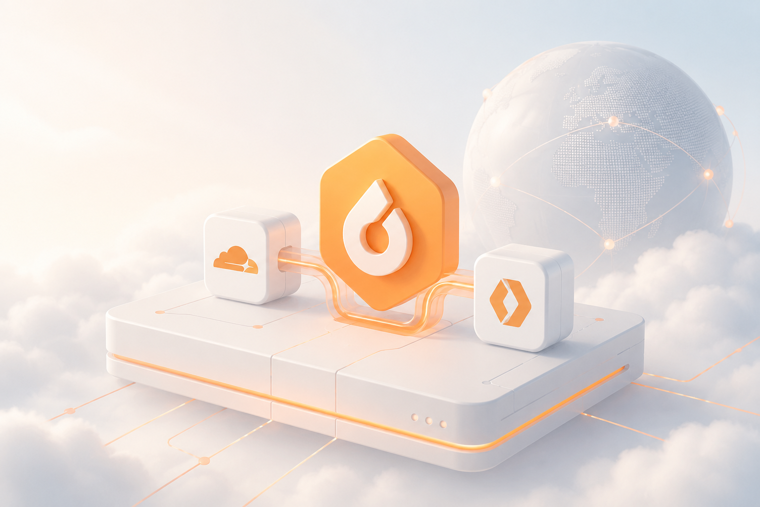 雲の上のサーバー基盤とオレンジ色の接続ラインで、Cloudflare Workers と Hono による API サーバー構築を表現したイラスト