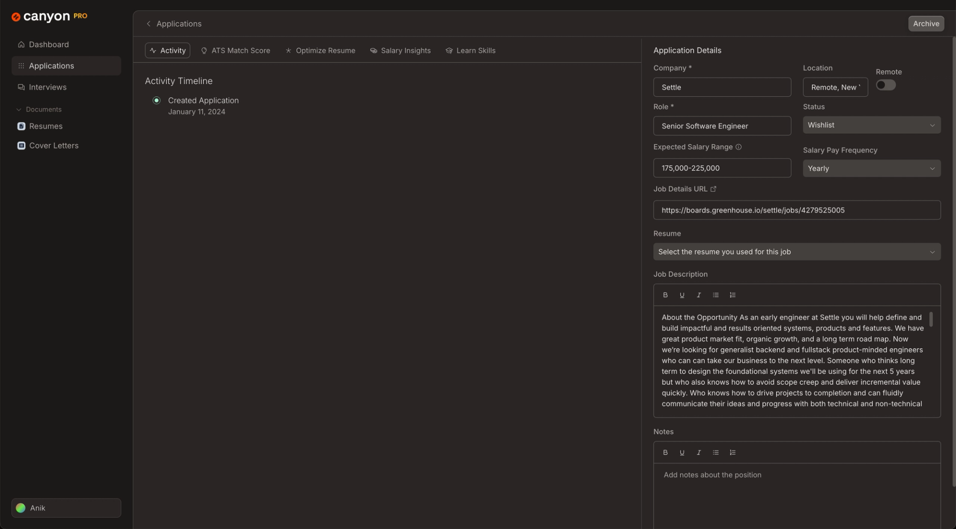 Activity timeline of job application, ability to edit job application, and view insights and skills for the job