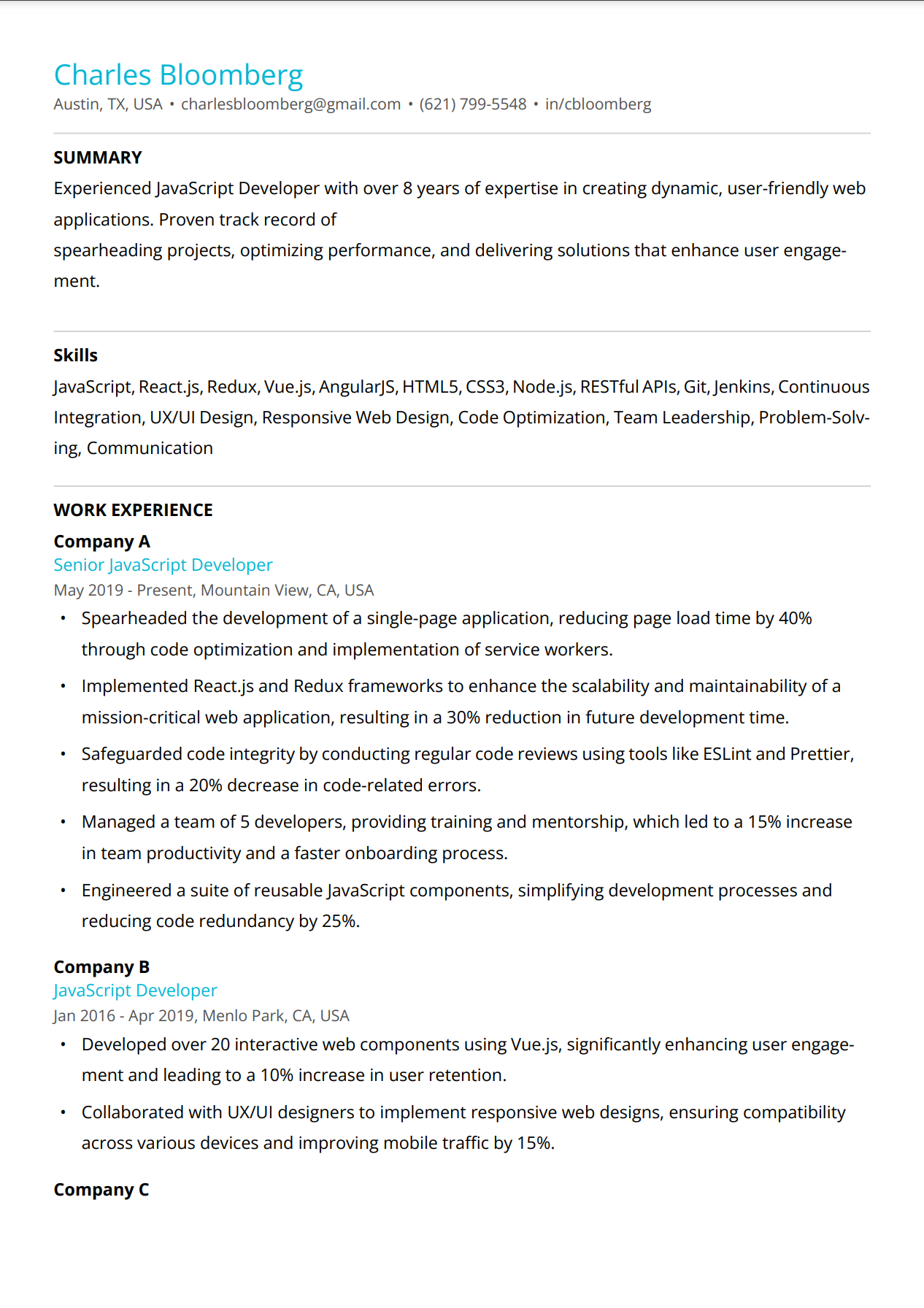Frontend software developer resume example