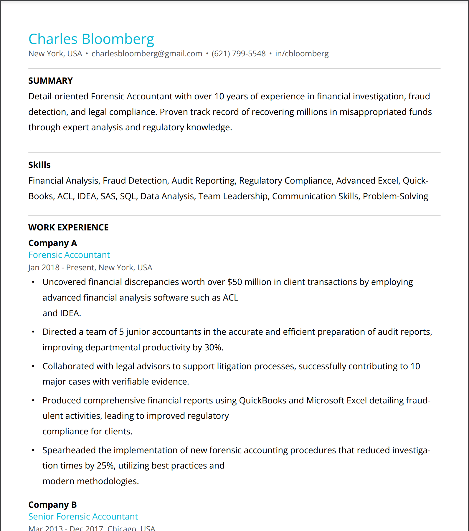 Forensic Accountant Resume example