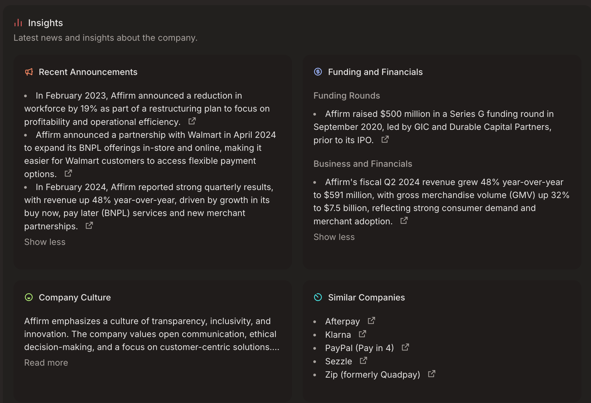 Latest insights for the company being applied to