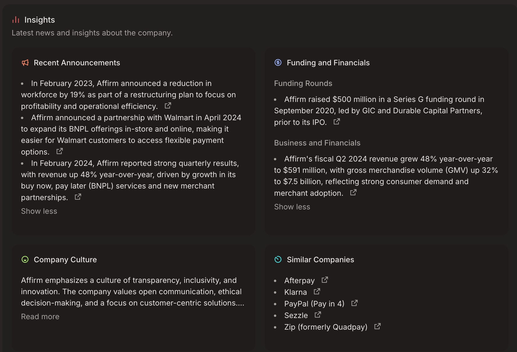 Latest insights for the company being applied to