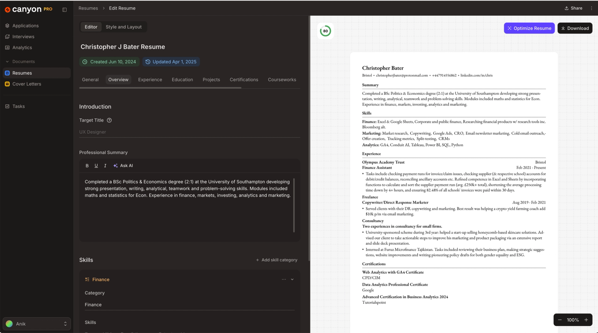 Real time AI resume builder that provides actionable advice and tools to optimize your resume for any job application