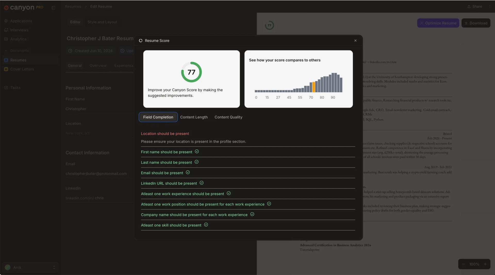 Improve your resume using Canyon's resume scorer