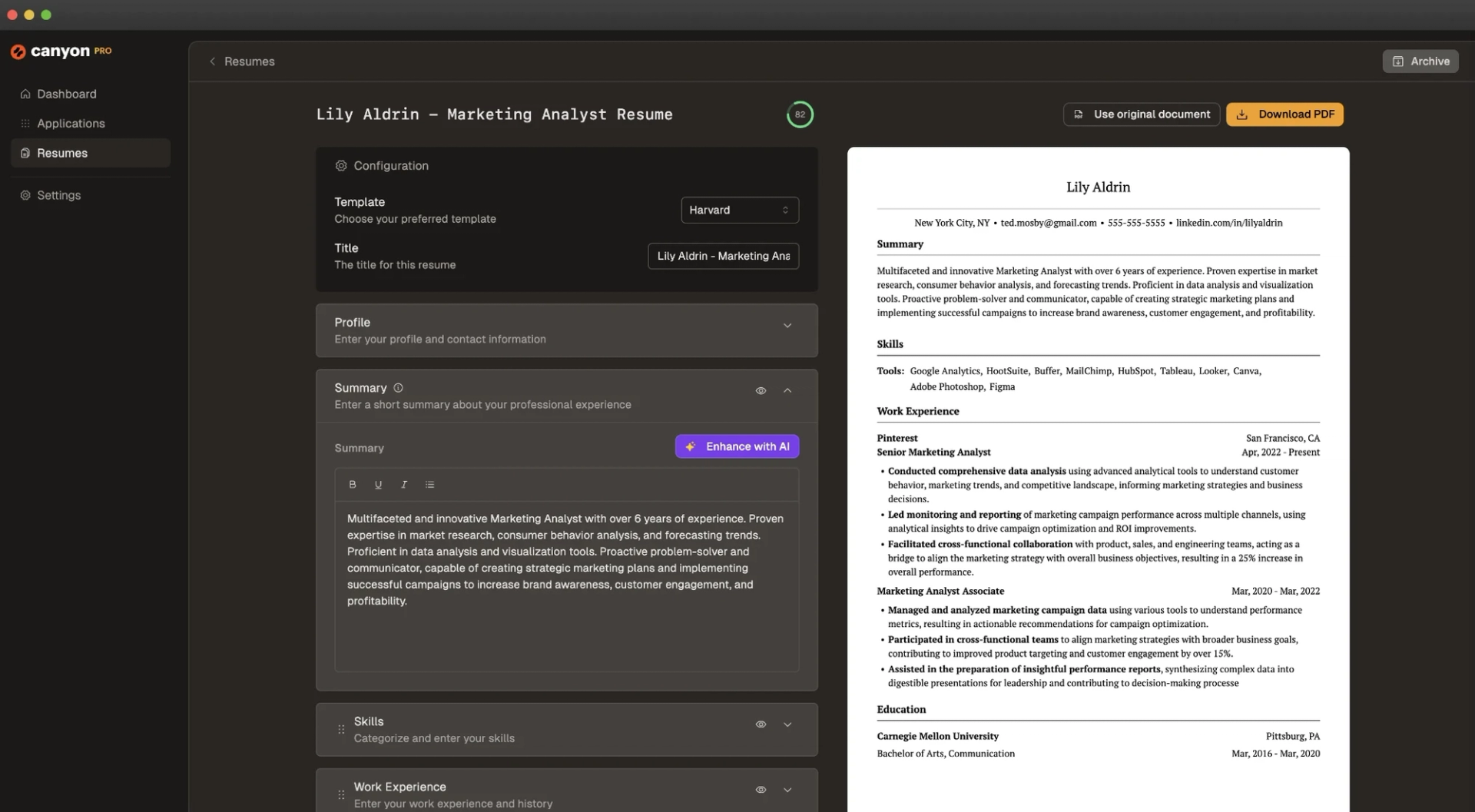 Canyon's real time AI resume builder exporting resumes in PDF format