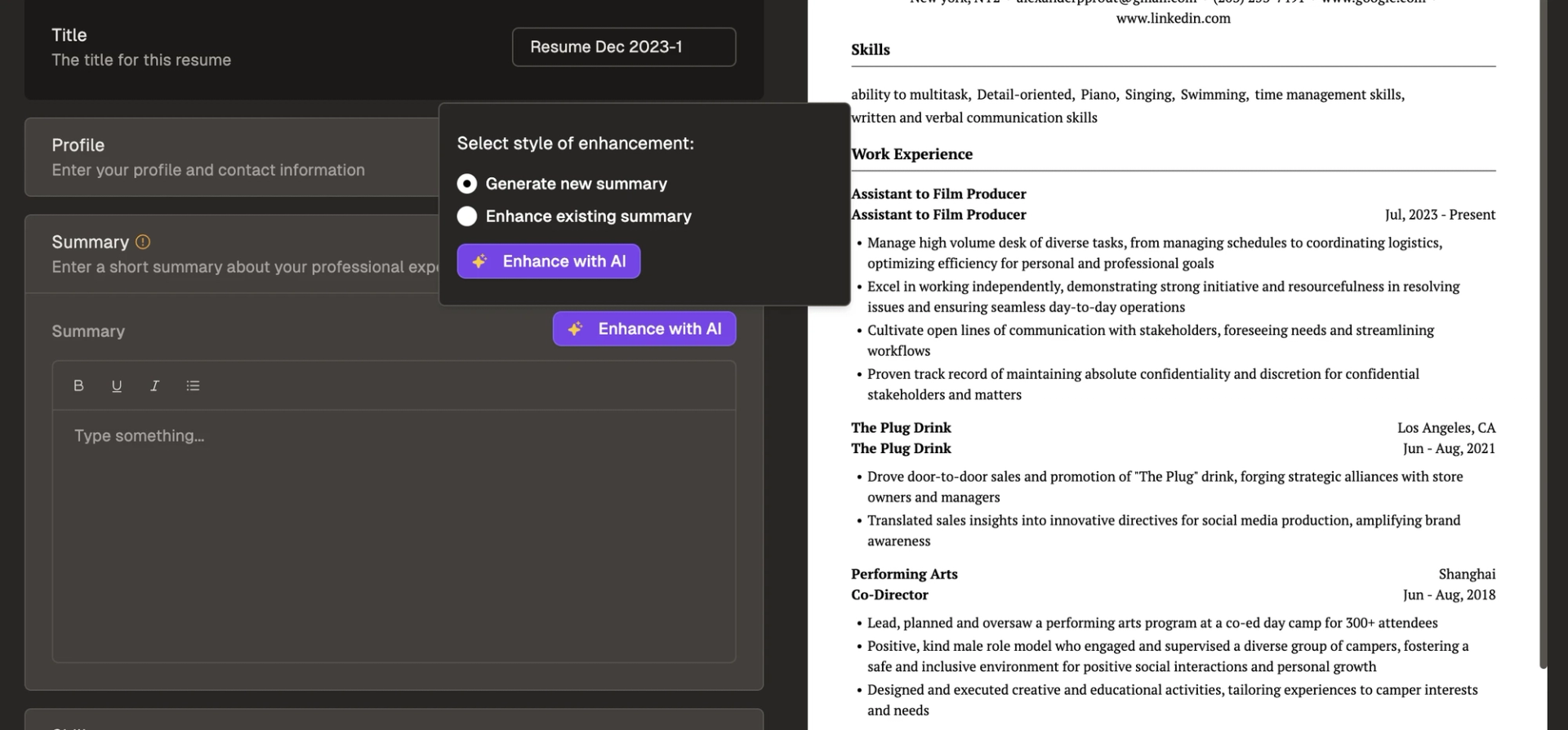 Resume enhancement dropdown with two options: 1. Generate new summary 2. Enhance existing summary