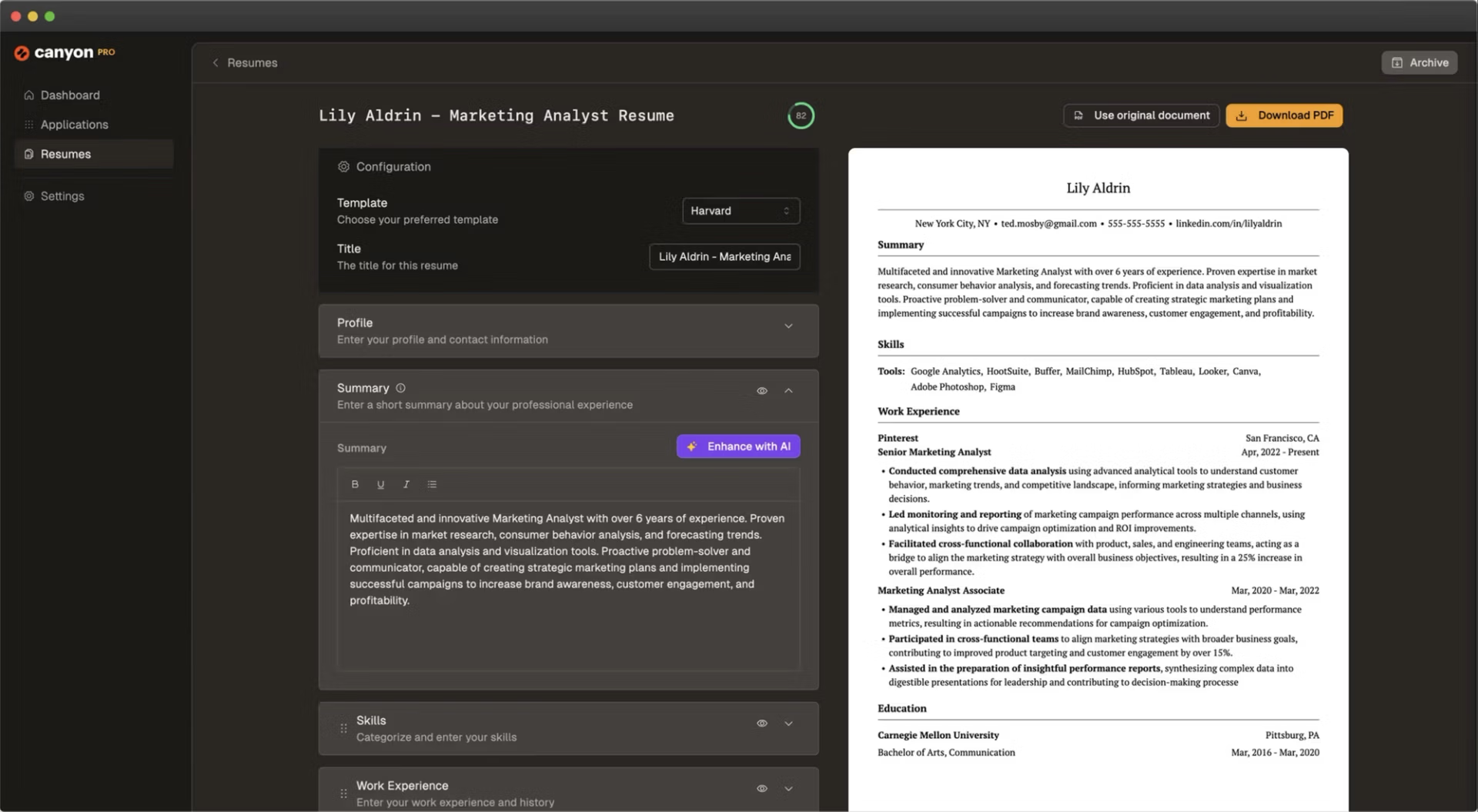Canyon's AI resume builder optimizes your resume for any job application