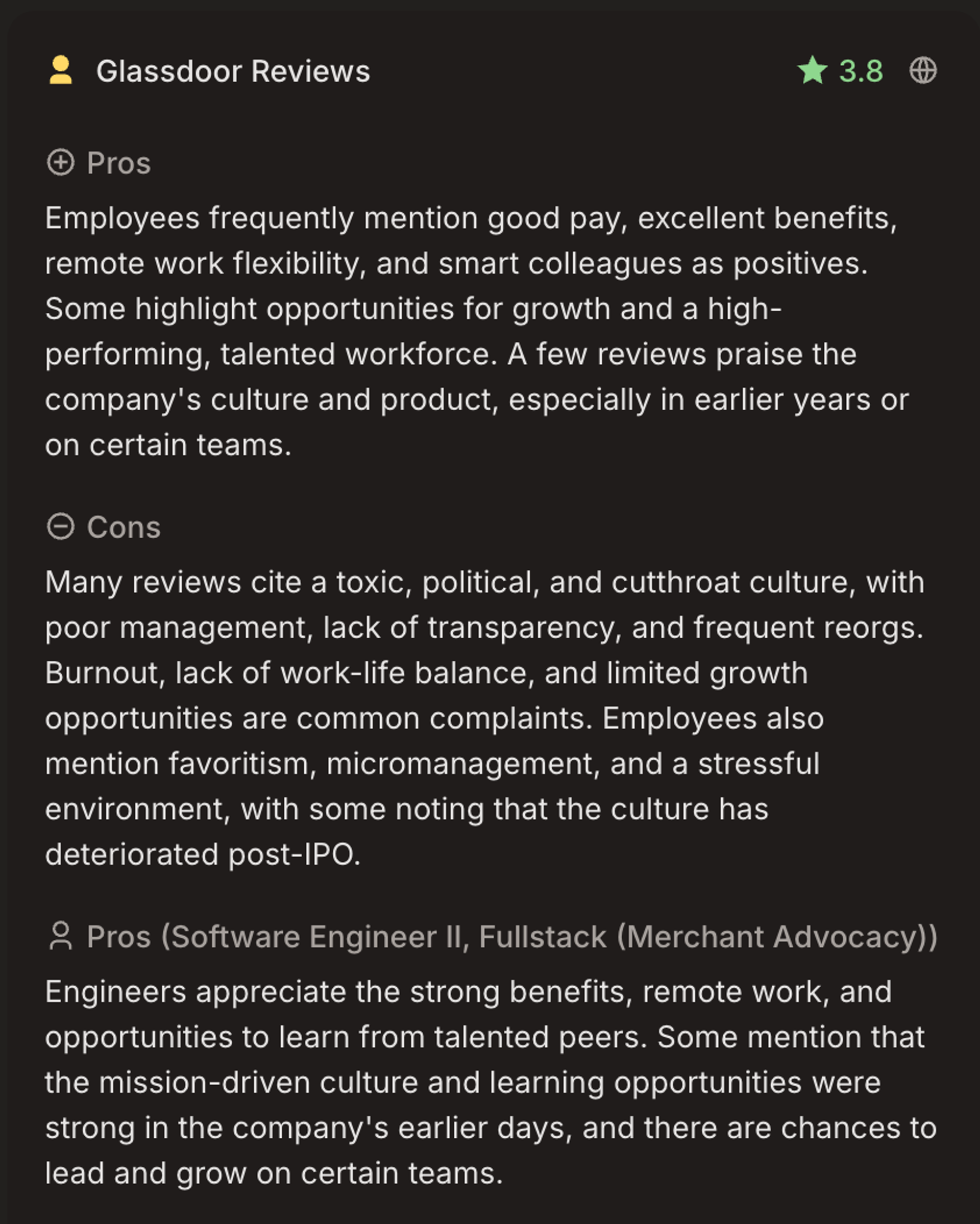 Employee reviews of the company being applied to 