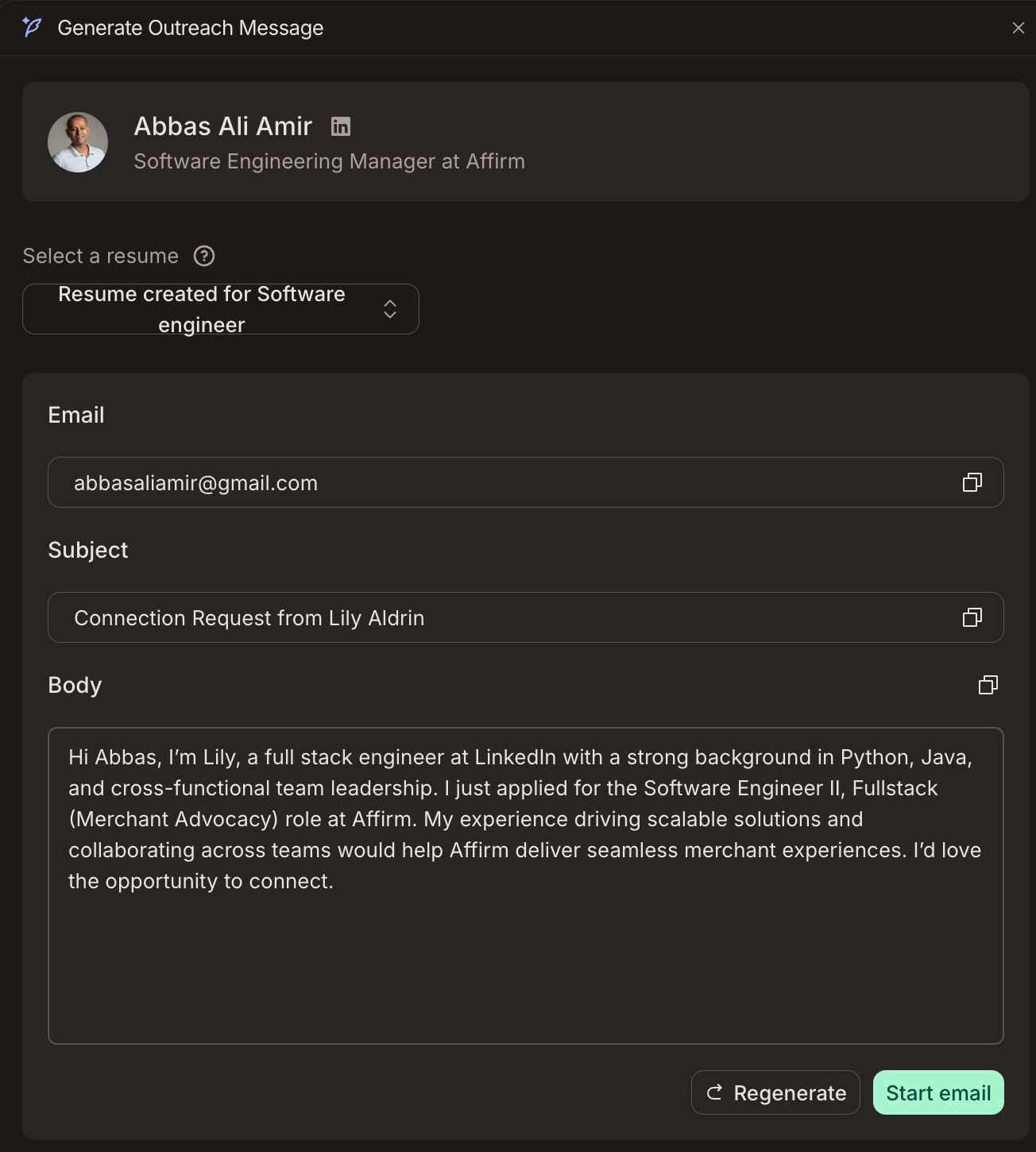 AI generate message to contact at company