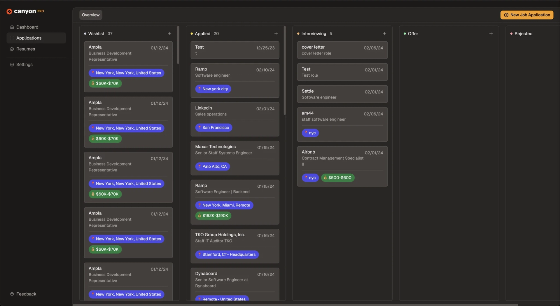 Manually add a job application on Canyon