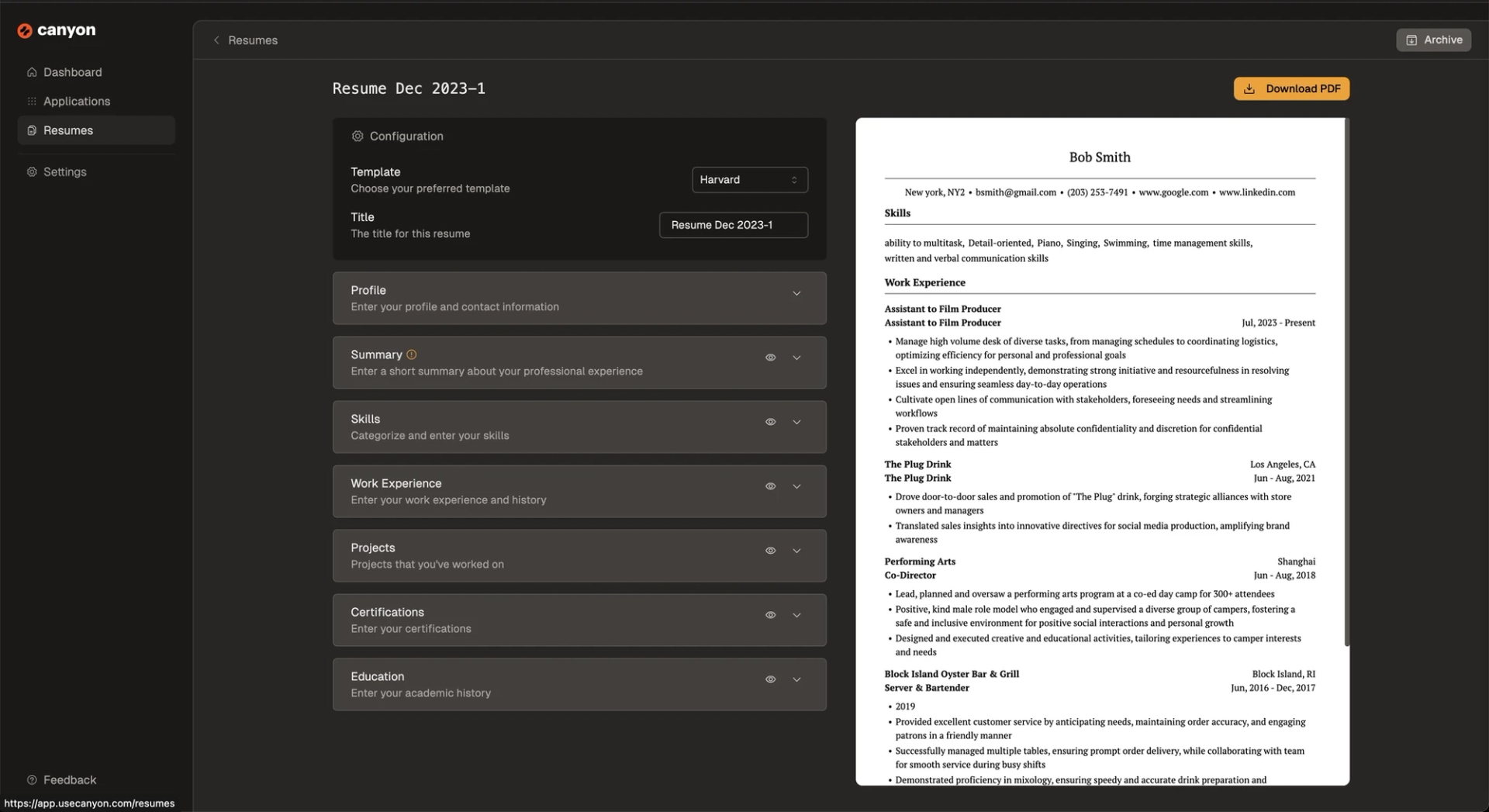 Canyon's real time AI resume builder