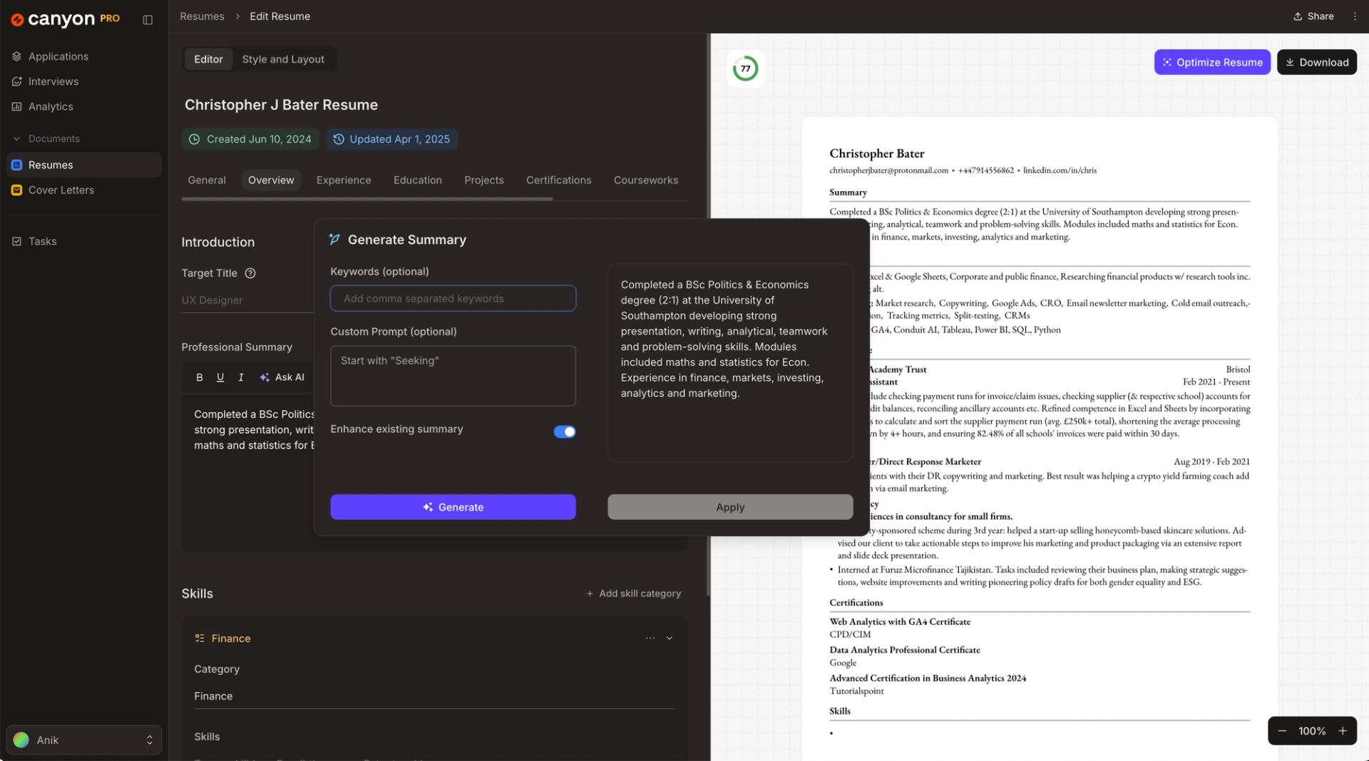 Enhance your resume with AI