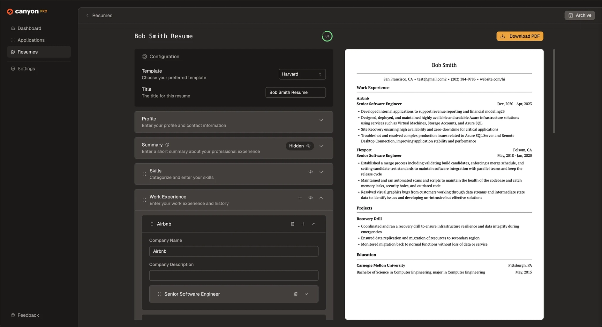 Real time view of newly created resume