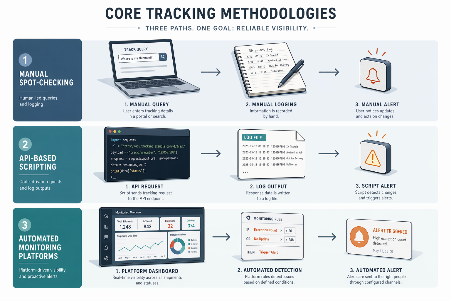 Illustration for: Core Tracking Methodologies: Manual Vs. Api-Based Vs. Automated Platforms