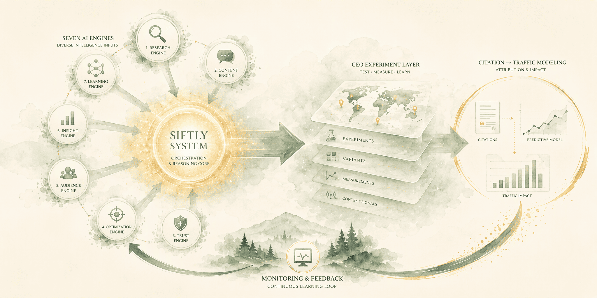 Illustration for 1. Siftly: AI Brand Monitoring with Built-In GEO Execution and Citation-to-Traffic Modeling