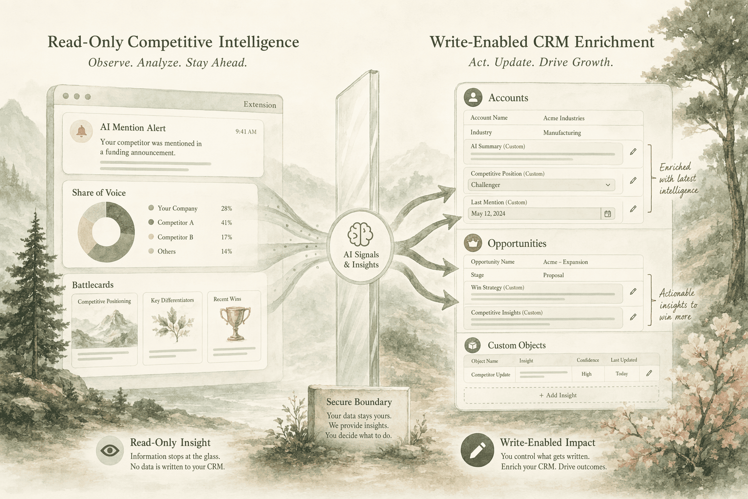 Illustration for: Read-Only Monitoring Vs. Write-Enabled CRM Enrichment