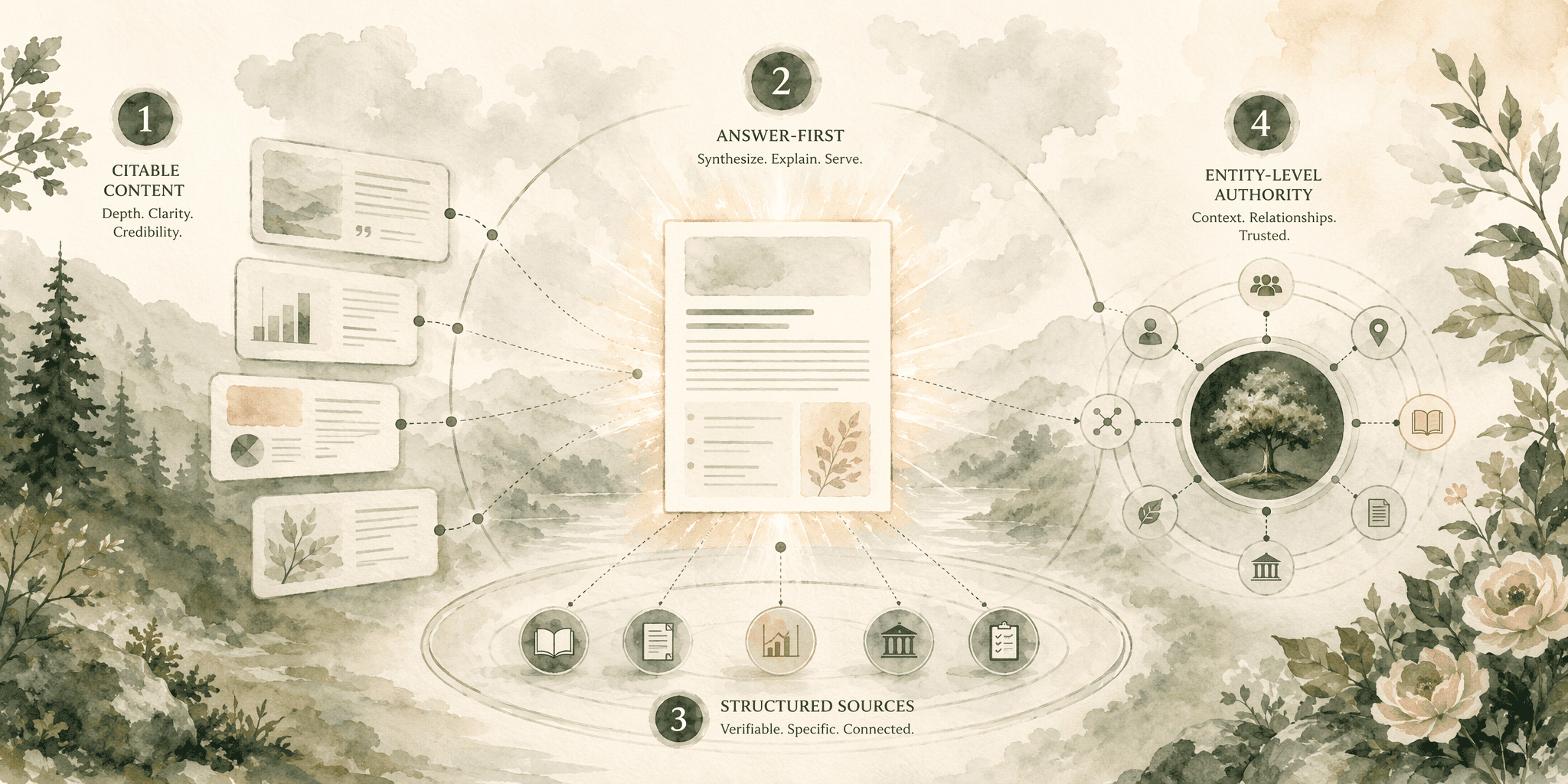 Illustration for 7. GEO-Optimized Content Hubs (Answer-First, Citable Content Formats), Earning Topical Authority