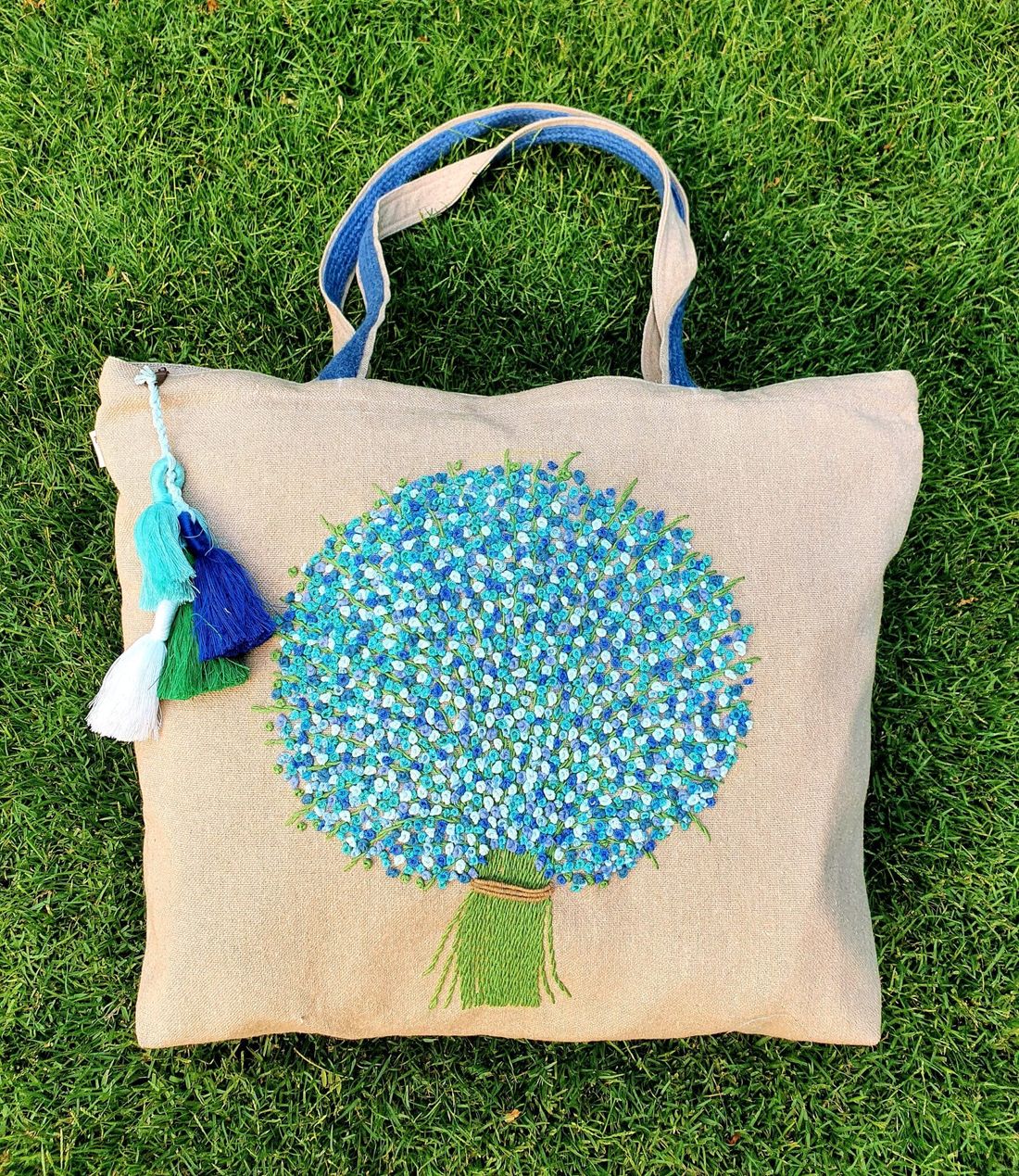 شنطة — Beach Dots Of Flowers (Beig &Blue) — Bag — Beach Dots Of Flowers (Beig &Blue) (5)