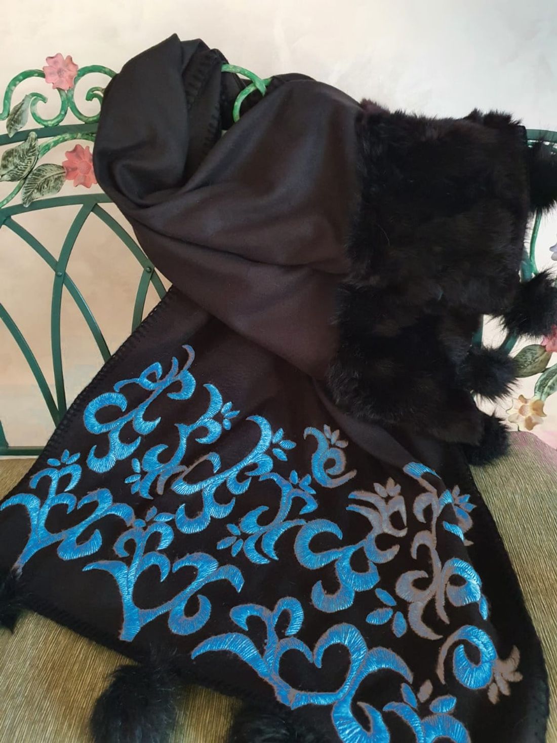 شال صوف — أرابيسك أسود ورمادي — Shawl — Wool Arabesque Black & Grey (5)