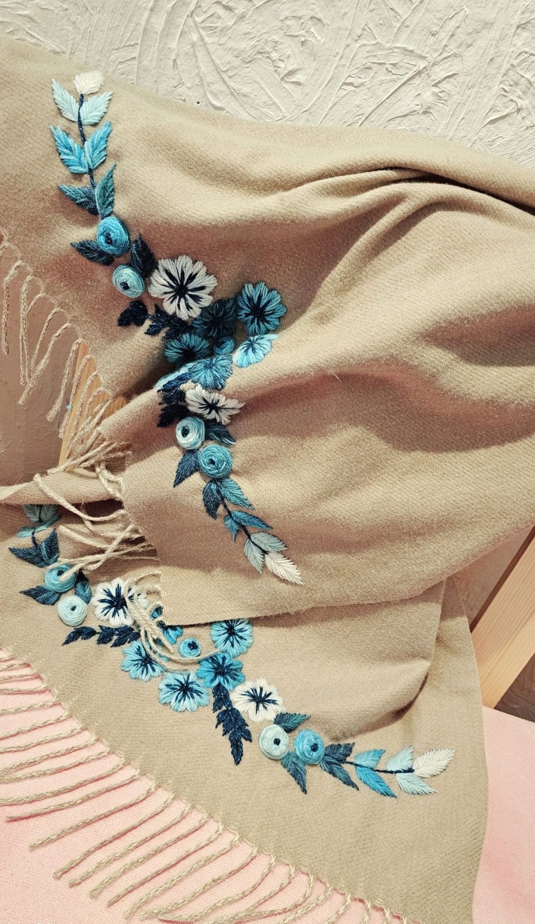 شال — Flowers Applique On 2 Sides .Beige&Blue — Shawl — Flowers Applique On 2 Sides .Beige&Blue (3)
